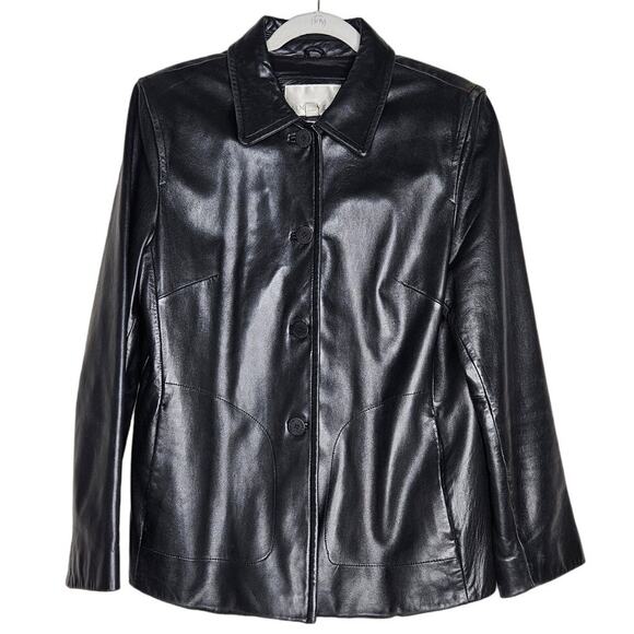 Vintage 90s Nine West XL Leather Button Front Black Leather Jacket Goth Minimal - Picture 1 of 4